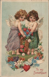 To My Sweetheart -- Cupids with Hearts and Flowers Postcard