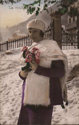 Woman in the Winter with Flowers Postcard