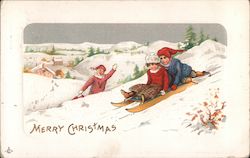 Merry Christmas: Snowboarding down a snowy hillside Postcard