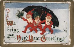 We Bring You New Year Greetings -- Elves Under Umbrella Postcard