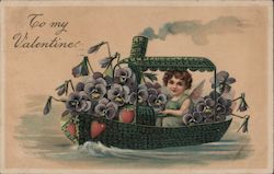 To My Valentine -- Cupid in Steamer Boat with Flowers Postcard
