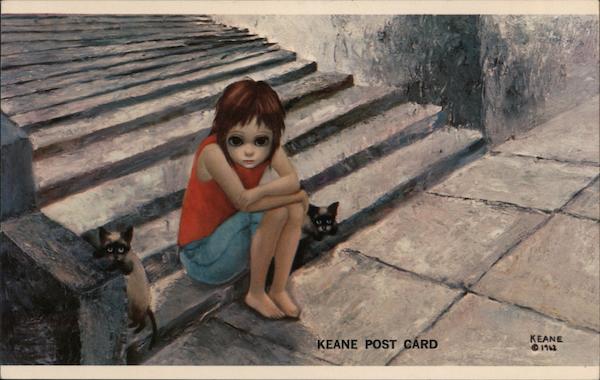 Out After Dark Big Eye Girl Sitting on the Steps With Cats, Keane