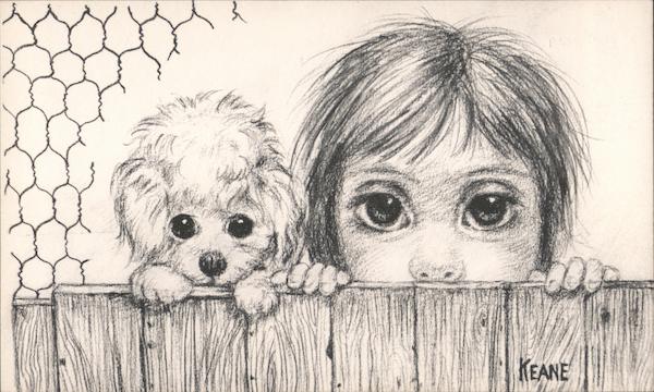 Big Eye Girl & Poodle Looking Over Fence - Pencil by Keane, Autographed