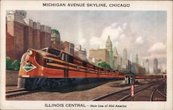 Michigan Avenue Skyline, Illinois Central Streamliner - Panama Limited Postcard