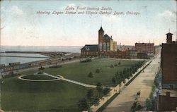 Lake Front Looking South, Showing Logan Statue and Illinois Central Depot Postcard