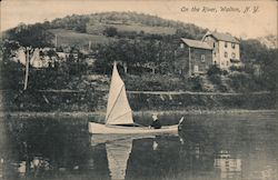 Boy in a Boat with Sail on the River Walton, NY Postcard Postcard Postcard