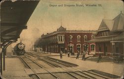 Depot and Iroquois Hotel Watseka, IL Postcard Postcard Postcard