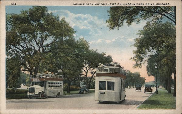 Double Deck Motor Busses on Lincoln Park Drive Chicago Illinois