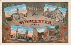 Greetings from Worcester - City Hall, Post Office, Union Station, Hotel Bancroft Postcard
