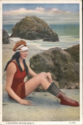 California Bathing Beauty - Wool Swim Dress, Stockings, Beach Boots Asian Postcard Postcard Postcard