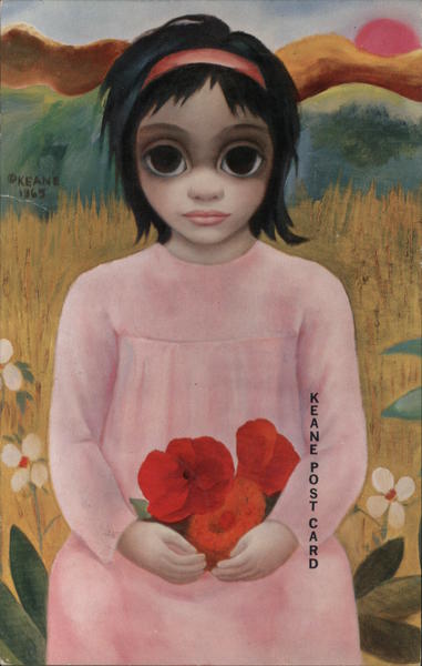 Signed by Walter Keane Girl of the Islands - Big Eye Girl in Pink Dress Holding Hibiscus Flowers