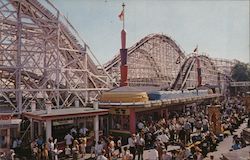 Cyclone Roller Coaster and Midway - Palisades Amusement Park Postcard