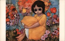 In the Garden - Big Eyed Girl, Orange Dress, Flowers - Keane Modern Walter Keane Postcard Postcard Postcard