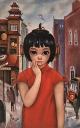 "Grant Avenue-San Francisco" Big Eye Asian Girl in Red Dress Modern Walter Keane Postcard Postcard Postcard