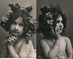 Set of 2: Young Girl Poses with Grapes and Vines in Her Hair Postcard