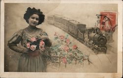 French Woman, Flowers, Train Postcard