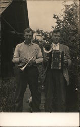 Men With Trumpet, Accordion With Trumpet Attachment Postcard