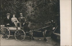 Three People in a Wagon Pulled by a Donkey in a Straw Hat Postcard