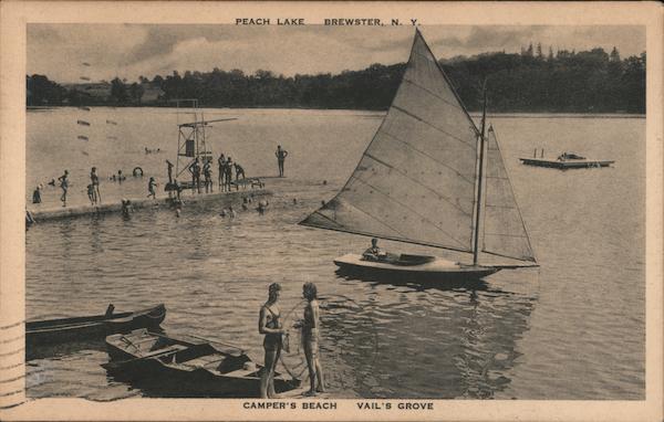 Camper's Beach, Vail's Grove, Peach Lake - Sailboat and Swimmers Brewster New York