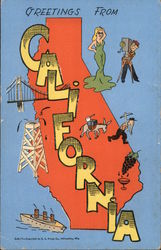 Greetings from California - Movie Stars, Gold Miner, Oil Wells, Wine Postcard