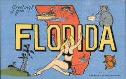 Greetings from Florida - Bathing Beauty, Fishing, Circus Elephant, Skiing Postcard