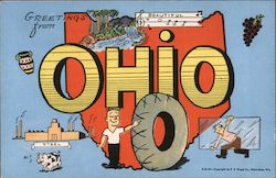 Greetings from OHiO - Tires, Pottery, Glass, Wine, Steel, Pigs Postcard