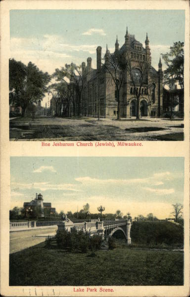 Bue Jeshurum Church and Lake Park Scene Milwaukee Wisconsin
