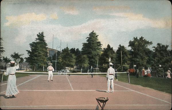 Mixed Doubles Tennis with Women in Dresses and Men in Long Pants