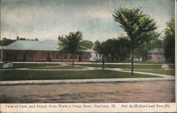 View of Park and Depot from Wade's Drug Store Fairbury Illinois