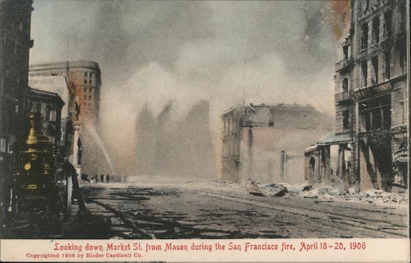 Looking down Market Street from Mason during the fire, April 18-20, 1906 San Francisco California