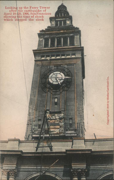 Looking up the Ferry Tower after earthquake of April 18-20, 1906 San Francisco California