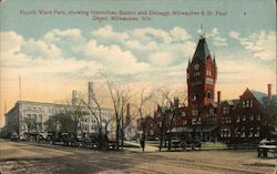 Fourth Ward Park, Showing Interurban Station and Chicago, Milwaukee & St. Paul Depot Postcard