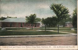 View of Park and Depot from Wade's Drug Store Postcard