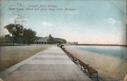Jackson Park - Rest House, Beach and Drive along Lake Michigan Postcard