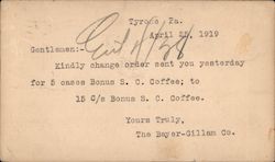 Correspondence of The Bayer-Gilliam Co. (April 25th, 1919) Postcard