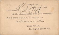 Correspondence of The Bayer-Gilliam Co. (April 25th, 1919) Tyrone, PA Postcard Postcard Postcard