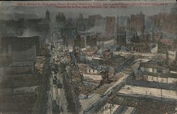 View on Market St., from Ferry Tower showing temporary trolley line in operation and railroad tracks being laid Postcard