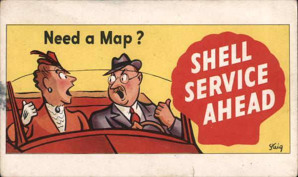 Steig Cartoon: Need a Map? Shell Service Ahead. Advertising