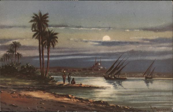 View from a coast with ships and a mosque in sight Egypt