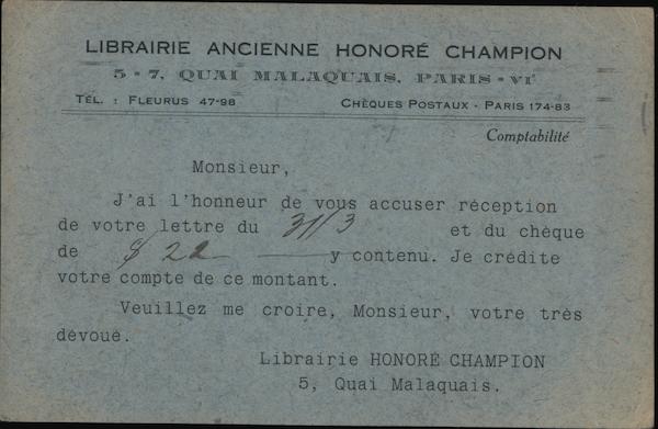 Librairie Ancienne Honore Champion Receipt Paris France