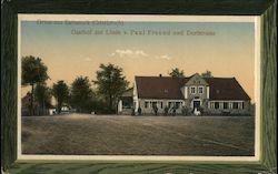 Gruss aus Rathstock (Oderbruch) Gasthof zur Linde v. Paul Freund und Dorfstrasse Postcard