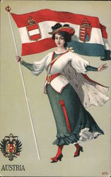 Austrian Girl, Flag, National Crest Postcard