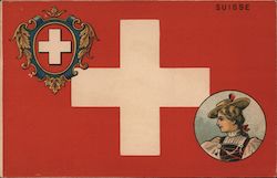 Switzerland - Coat of Arms, Flag, Girl in Folk Dress Postcard Postcard Postcard