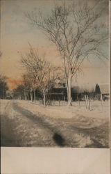 Farm House Trees Barn Snow and Street Scene Postcard