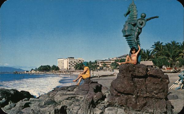 Popular Pilitas Beach with Seahorse Statue Puerto Vallarta JA Mexico