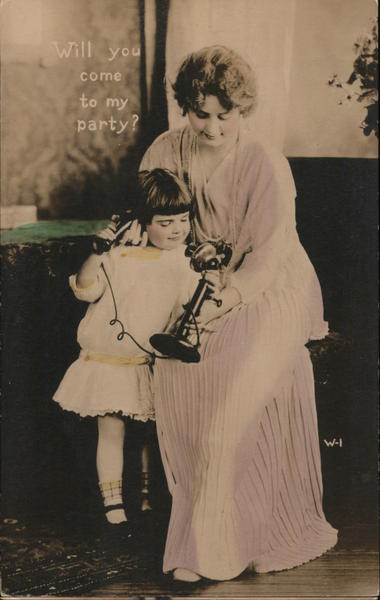 Girl holding Telephone with Mother Helping Telephones