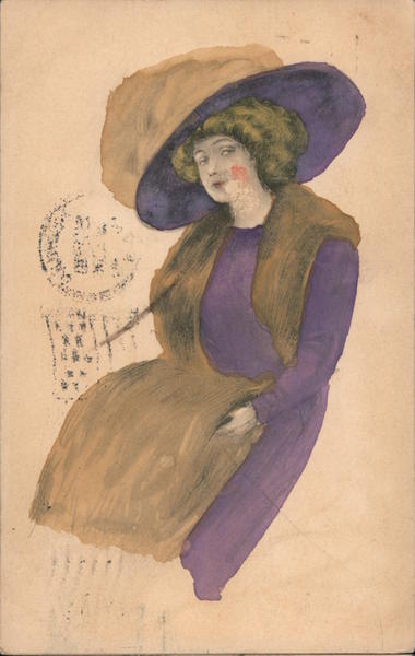 Hand Colored woman wearing a large purple hat, purple dress with beige/brown wrap New York