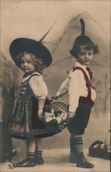 Two children back-to-back in traditional dress, sketched mountain background