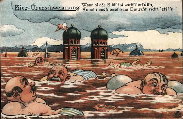 German Bier-Uberschwemmung (Men swimming in Beer) Comic, Funny