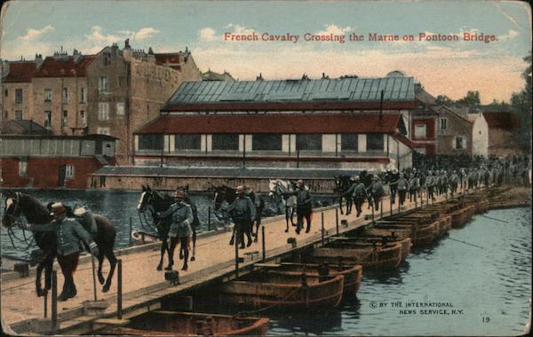 French Cavalry Crossing the Marne on Pontoon Bridge France